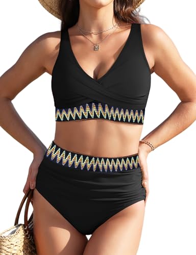 Bikini Sets for Women Swimsuits High Waisted Tummy Control Two Piece Bathing Suit V Neck Color Block Swimwear