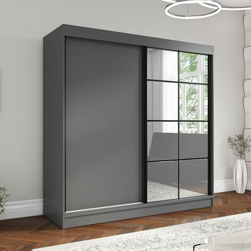 A&J MöbelLand Schwebetürenschrank TAVIRO Kleiderschrank 2-türig mit Schubladen und Spiegel, Garderobe 200 cm (Graphit) A&J MöbelLand Schwebetürenschrank TAVIRO Kleiderschrank 2-türig mit Schubladen und Spiegel, Garderobe 200 cm (Graphit)