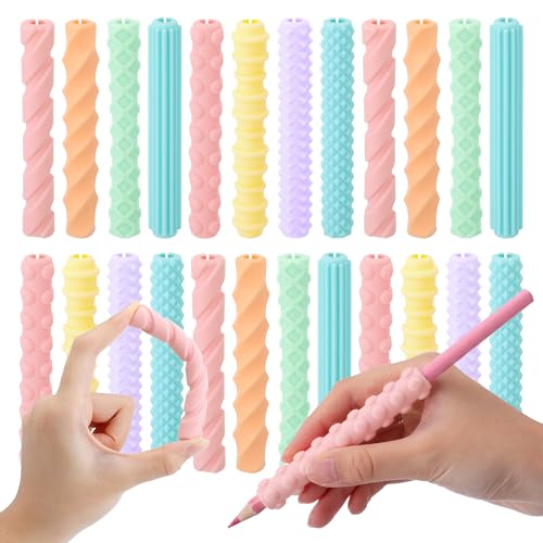 Lerheedi 24 Pcs Textured Pencil Silicone Grips Sensory Fidget Sleeves for Kids and Adults Calming ADHD Tools for Anxiety Relief Focus Calm Fine Motor Skills (Standard Version,Light Colors)