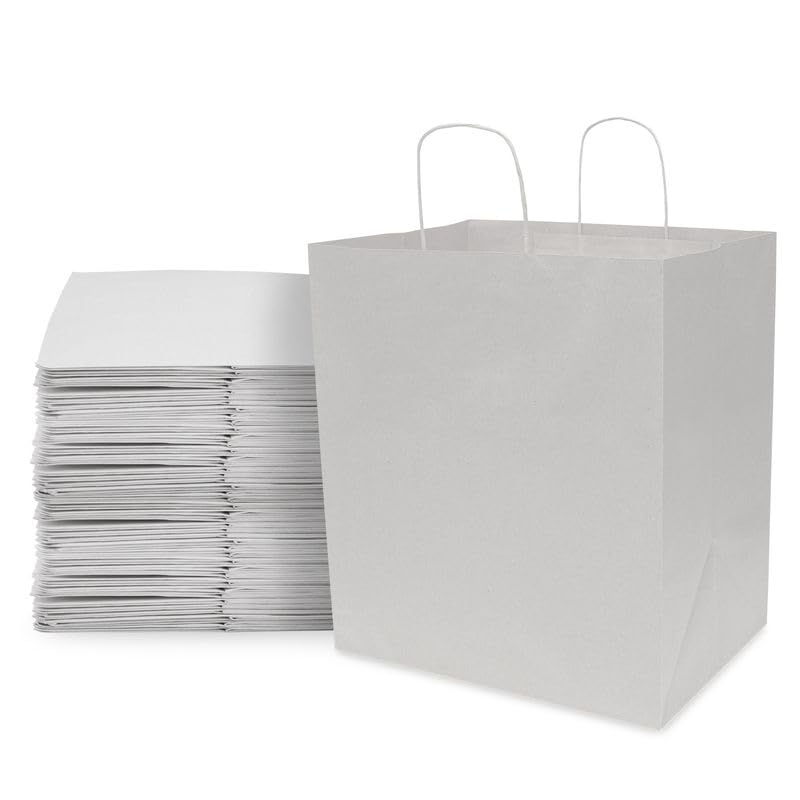 Prime Line Packaging Large White Gift Bags with Handles, Shopping Tote, Small Business, Boutiques, Merchandise, Party Favors, Bulk, 14x10x16.5 50 Pack