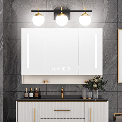 Image of Ralbay Mid Century Modern Bathroom Vanity Lights Black and Gold Milky Glass Modern Bathroom Vanity Lights Over Mirror, Black /Golden 3-Light (Exclude Bulb)