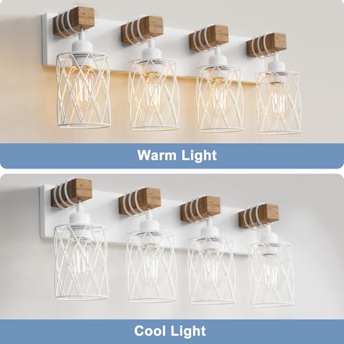 Image of IZORRO Farmhouse Bathroom Vanity Light, 4-Light Wood Bathroom Light Fixtures Over Mirror, Matte White Industrial Vanity Lights with Metal Shade, Rustic Restroom Lighting Fixtures