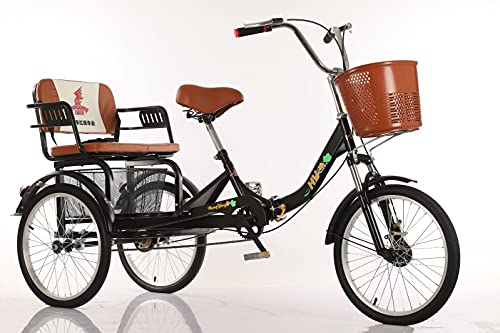 Adult Folding Tricycle Human-Powered Pedal 3-Wheeler Single-Chain Shock-Absorbing Bicycle 20inch Old Tricycle with Rear Basket + Enlarged seat to Pick up and Drop Off Children