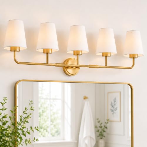 Image of 5-Light Gold Bathroom Light Fixtures with White Fabric Shades