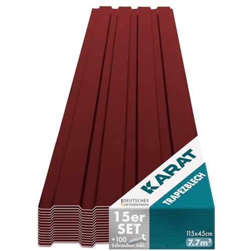 KARAT Metal Roofing Sheets 115 x 45 cm (Pack of 15) 7.7 m² Corrugated Roof Sheeting Plates Cladding for Garage, Shed, Carport and Greenhouse, Galvanised Coated, Red (incl. 30x Screws)