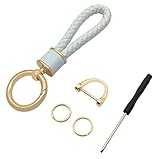 Vruwcey Llavero de cuero trenzado con anillo en D antipérdida y 2 llaveros para mujeres y hombres, Blanco, F