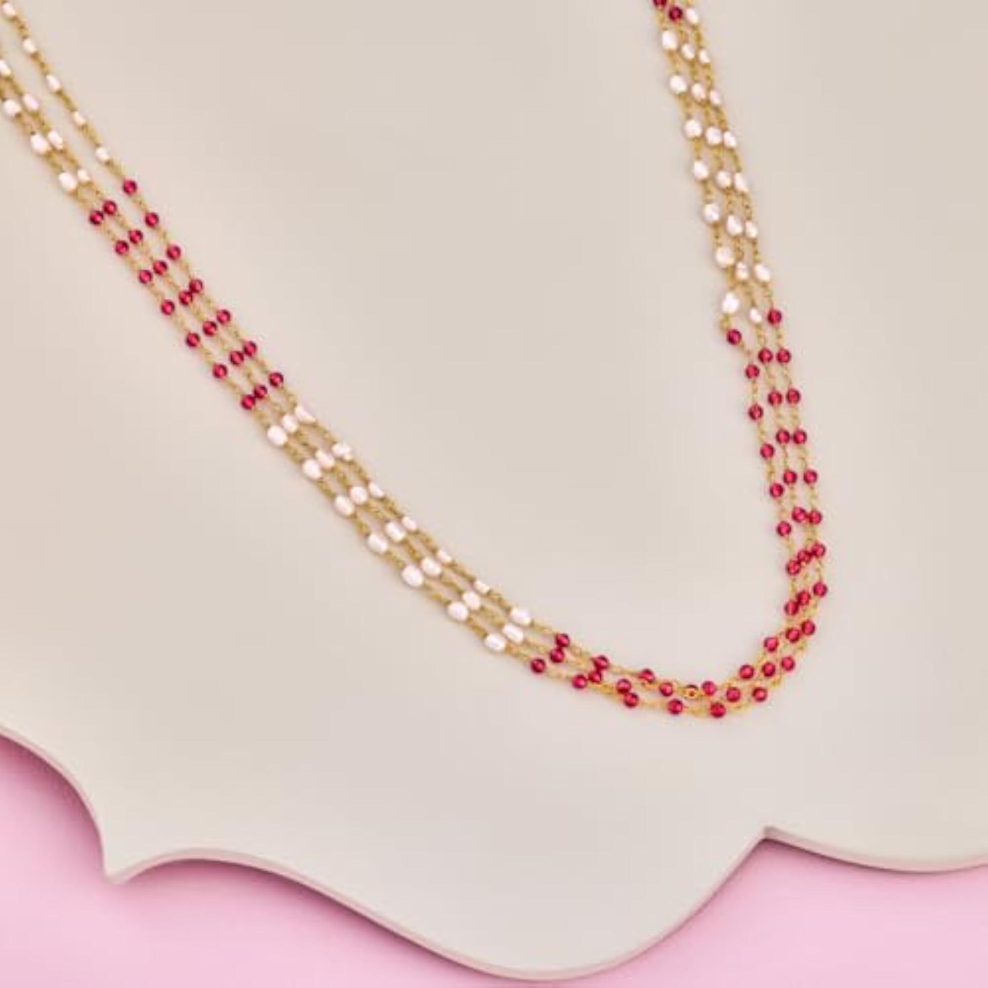 Ruby-Pearl Gold Polished 92.5 Silver Temple Chain