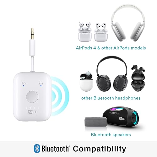Image of MEE audio Connect Air in-Flight Bluetooth Wireless Audio Transmitter Adapter for up to 2 AirPods / Other Headphones; Works with All 3.5mm Aux Jacks on Airplanes, Gym Equipment, TVs, & Gaming Consoles