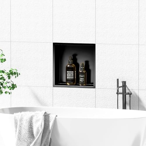 304ステンレススチールシャワー - ホテル＆家庭用バスルーム収納用埋め込み式壁掛けナイザーラック、ビルトインキャビネット、ブラック  ステンレススチール 製埋め込み式シャワー - 防水壁取り付け式バスルームナイザー タイル不要 アパートやホテルのトイレに最適 グレー ... シャワーニッチ、単層シャワーニッチ、12.5インチ x 12.5インチ x 4.9インチの正方形埋め込み式シャワーシェルフ、モダンな