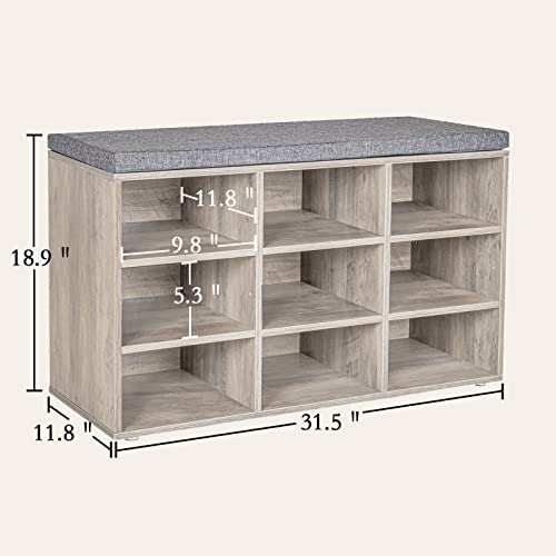 Dinzi Lvj Shoe Bench, 9 Cubbies Shoe Organizer For Entryway, Storage Bench With Cushion, Cubby Shoe Rack With Adjustable Shelves For Living Room, Bedroom, Mudroom, Hallway, Greige #TOP2