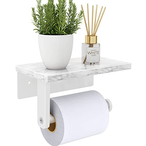 Toilet Roll Holder Wall Mounted, Gypie 304 Stainless Steel Toilet Paper Holder with Marble Shelf, Rustproof Matt White Tissue holder for Bathroom