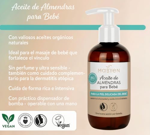Miniatura 2 de Mabyen Aceite De Almendras Bio Para Bebés 200 Ml Vegano, Sin Perfume, Cosmética Natural Cuidado Y Aceite De Masaje Para Bebés
