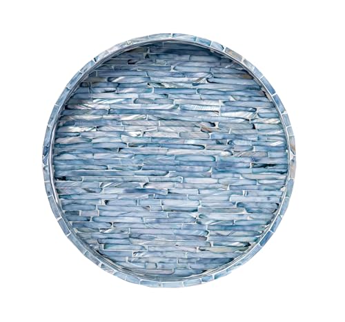 PEMAR 12.6 Mother of Pearls Lacquer Inlaid Round Serving Tray with Handles, Round Decorative Nacred Wooden Ottoman Coffee Table Tray (Blue Tiles)