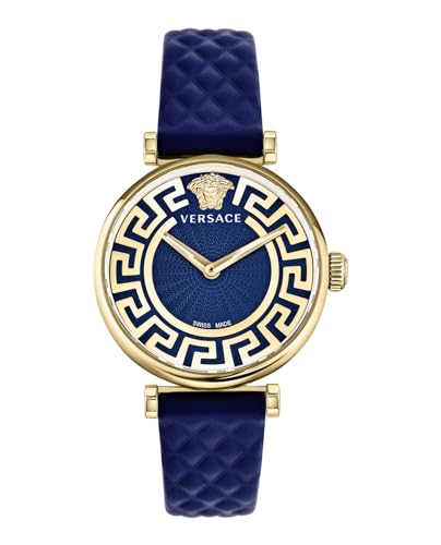 Versace Greca Chic Collection Luxury Womens Watch Timepieces with a Blue Strap and Dial Featuring a Gold Case