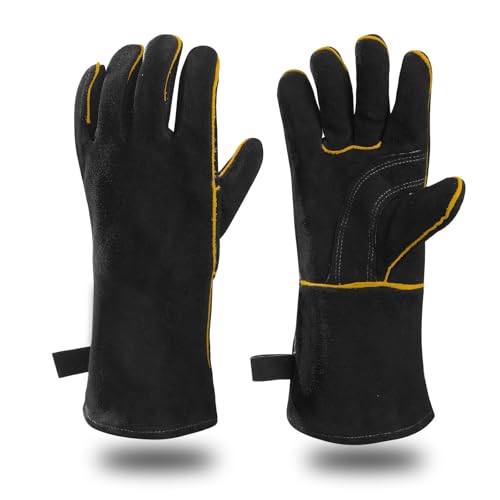 TXWLLIU Guantes de Soldadura Unisex, Fabricados en Cuero Resistente al Calor e Ignífugo para Soldadores de Núcleo Fundente Stick Mig, Forjas, Herreros, Chimeneas, Parrillas y Hornos, Negro