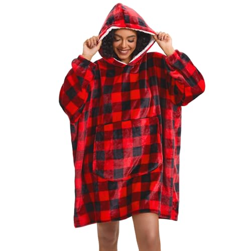 Wearable Blanket Hoodie Red Plaid Warm Sweatshirt Hooded Blanket One Size Fits All