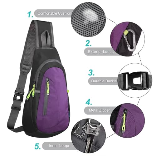 TITECOUGO Small Sling Bag Lightweight Crossbody Bag for Women Men Hiking Backpack Travel Shoulder Bag Chest Daypack for Gym Work Outdoor Sports Black Purple - Thumbnail 5