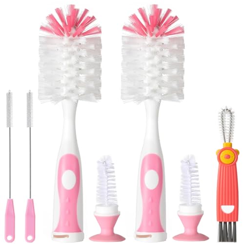 Image of 5 in 1 Baby Bottle Cleaner, Baby Bottle Brush Set, 2Pcs Bottle Brush with Stand, 2 Hidden Nipple Brush, 2 Straw Brush, 1 Lid Brush, Nylon Bottles Brush Cleaner for Baby Bottle, BPA-Free(Pink)