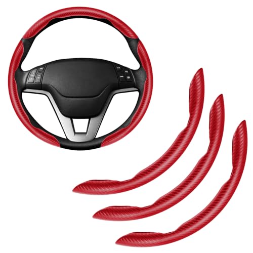 Image of Amiss 3pcs Carbon Fiber Anti-Skid Steering Wheel Cover, Waterproof & Segmented Butterfly Design, Universal 99% Vehicle Wheel Cover Protector, Car Interior Accessories (Red-3pcs)