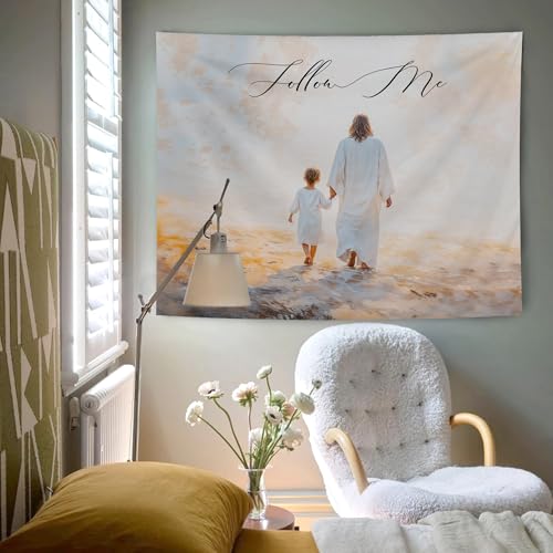 AQYIP Jesus with Kid Christian Tapestry, Follow Me Bible Verse Tapestry Decorative, Christian Religious Jesus Wall Tapestries Blanket Decor for Home Office Church Prayer Room, 50x60 Inch