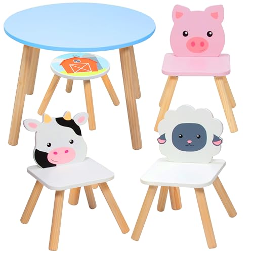 Kids-Wooden-Animal-Table-Chair-Set-w-4-Seats-Cow-Pig-Sheep-Plus-Adult-Stool-for-Arts-Crafts-Dining-Pretend-Play-Durable-Playroom-Furniture-for-Home-Daycare-Classroom-Toddler-Children-Gift Kids Wooden Animal Table Chair Set w 4 Seats Cow Pig Sheep Plus Adult Stool for Arts Crafts Dining Pretend Play Durable Playroom Furniture for Home Daycare Classroom Toddler Children Gift