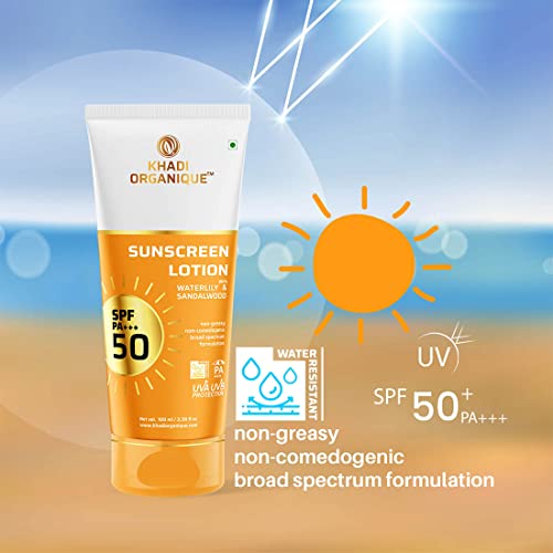 Image of KHADI ORGANIQUE Sunscreen Lotion SPF 50 PA+++ with Waterlily & Sandalwood | Broad Spectrum UVA & UVB Protection | Non-Greasy & Ultra Light Gel | For All Skin types -100ml