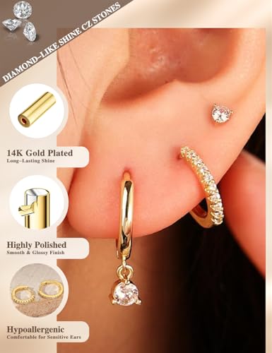 Image of Freekiss 3 Pairs Gold Hoop Earrings Set: Dainty Stud Earrings Trendy Small 14K Gold Plated Hypoallergenic Dangle Cartilage Huggie Hoop Earrings for Women Gold Jewelry for Women Gifts