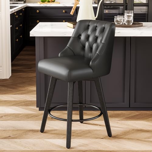 Image of Counter Height Bar Stool, 26.8 inchH Swivel Leather Barstool with Back and Solid Wood Legs, Counter Height Stool for Kitchen Island, Home Bar Pub, Black Grey