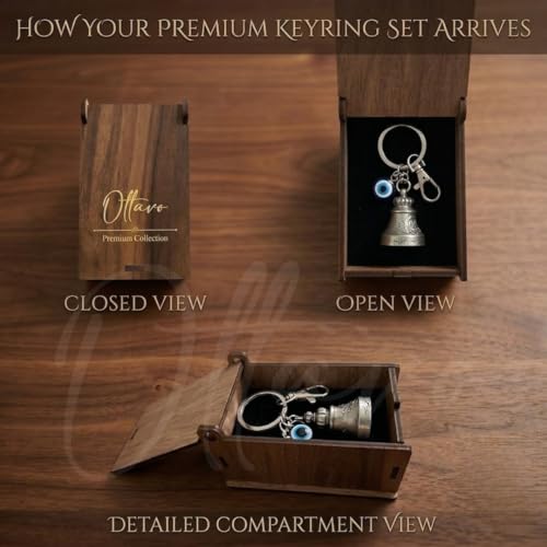 Image of OTTAVO Premium Guardian Bell Keychain for Bike & Car | Tibetan Texture Bell Keychain with Evil Eye & Silver Hook | Good Luck Charm with Laser-Engraved Wooden Gift Box