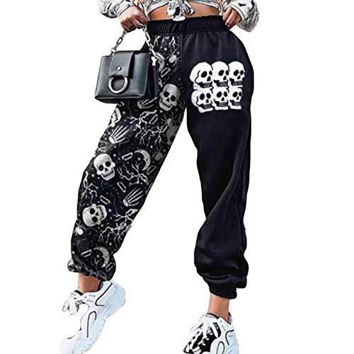 LOPJGH Women s Graffiti Loose Casual Pants Trendy Printed Elastic Waist Ankle-Tied Street Jogger Pants Sweatpants (Black Skull, S)