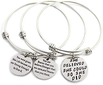 L.Beautiful 3 Pack Women Engraved Message Inspirational Words Round Charm Bracelets Set Expandable Silver Plated Stainless Steel Motivational Bangle Bracelet with Gift Box