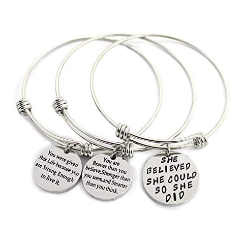 L.Beautiful 3 Pack Women Engraved Message Inspirational Words Round Charm Bracelets Set Expandable Silver Plated Stainless Steel Motivational Bangle Bracelet with Gift Box Cover