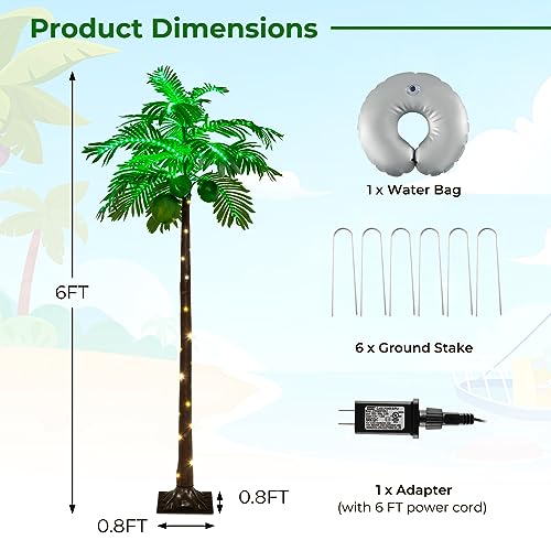 Goplus 6FT Artificial Lighted Palm Tree, Outdoor Light Up Tropical Palm Trees with 309 LED Lights, Coconuts, Water Bag, Stakes, for Outside Patio Pool Home Party Garden Christmas Indoor Decoration