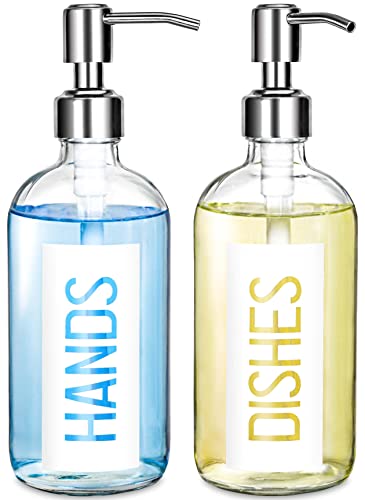 Jasai Modern Clear Glass Soap Dispenser With Printed Hands & Dishes, 18Oz Dish Soap Dispenser With Rustproof Stainless Steel Pump, Refillable Glass Hand Soap Dispenser For Kitchen(White) #TOP13