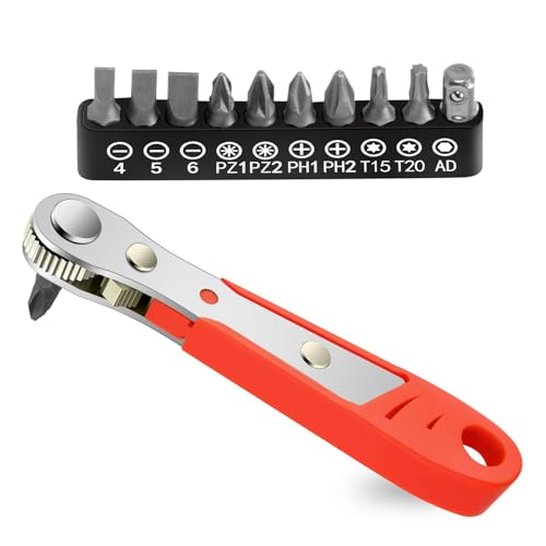 Right Angle Phillips Magnetic Screwdriver – Mini 1/4” PH2 Ratchet Wrench with 10 Bits – Reversible High Torque Stubby Ratcheting Screwdriver – Compact Tool for Tight Spaces & DIY Repairs