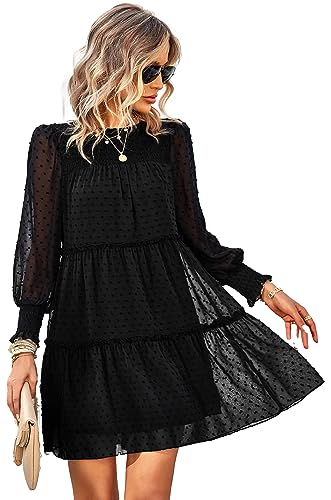 Jiraewh Damen Lose Sommerkleid Chiffon Minikleid Rundhals Langarm Elegant...