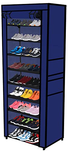 Image of Multi Utility 9 Layer Shelf Collapsible Metal Pipes with Non-Woven 100GSM Fabric Cover for Shoe /Cloth /Toy /Books Rack (Dark Blue, Metal)