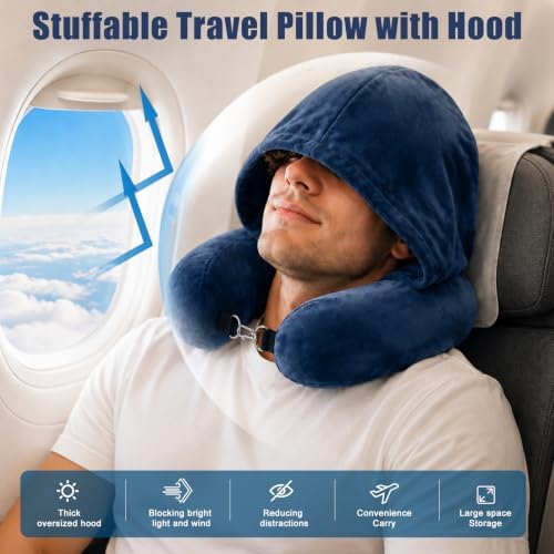 Lulttihy Stuffable Travel Neck Pillow with Hood, Soft Velvet Fabric,Blue - 1
