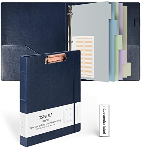 Ospelelf Vintage Hardcover 3 Ring 1 inch Leather Binding, Professional Binding Organizer Suitable for Letter Size (11 "x 8.5"), with 5 Tab Dividers, Clipboard Design, Faux Blue Leather