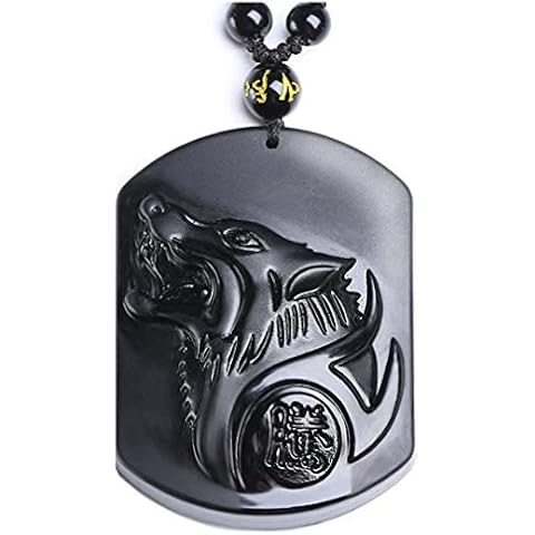 Obsidian Pendant Necklace for Women Man, Wolf Head Carved Obsidian Crystal Pattern with Extend Beads Chains,Protection Amulet Charm Cover