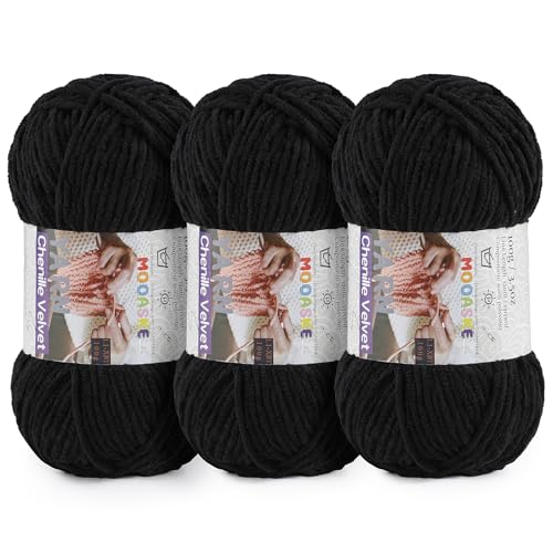 3 * 100g Chunky Yarn for Crocheting and Knitting - Easy to Use Plush Chenille Super Bulky Yarn 393yds - Ultra Soft Velvet Baby Blanket Yarn for Beginners & Amigurumi Projects Black