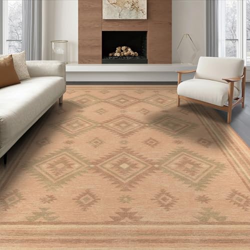 ODIKA 8'x10' Washable Flatwoven Rug, Beige Southwestern Geometric Stain Resistant Extra Large Carpet Non-Slip Chair-Friendly Mat for Dining Room, Large Office, Lounge | Ref:2017025