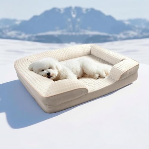 JEMAジェマ ペットクッション 犬ベッド ペットベッド ペットソファーベッド 夏用 ひんやり 冷感 冷感ベッド 暑さ対策 洗える ふわふわ 枕付き 犬寝床 防水 滑り止め 老犬介護 床ずれ 防止 通年使用 春夏 中型犬 大型犬 多頭飼い 70*58*17cm 菱形 ベージュの商品画像（Amazon）