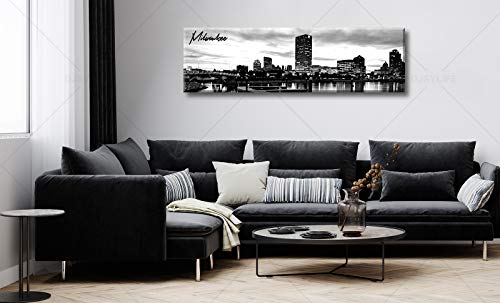 Image of DJSYLIFE Milwaukee Skyline Wall Art Black and White Stretched Canvas Wall Art Prints for Bedroom or Office Decoration Ready to Hang 13.8 inch x 47.3 inch