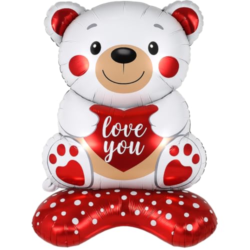 Balão Metalizado 3D Urso com Coração LOVE 58' (145 cm) – Balão Foil Gigante com Base para Decoração Romântica, Dia dos Namorados, Surpresa de Amor