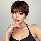 PHOCAS Short Brown Human Hair Pixie Cut Wigs with Bangs Layered Wigs Short Brown Natural Fashion Str