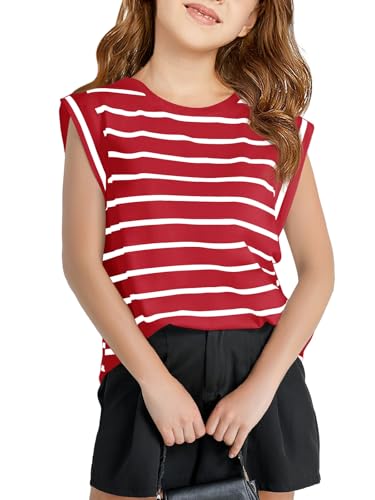 Image of Haloumoning Girls Cap Sleeve T Shirts Summer Striped Tank Tops Tees 4-14 Years