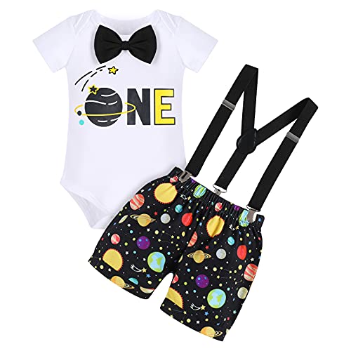 Nouveau-né Bébé Garçon Tenue Mon Premier 1er Anniversaire Fête Cake Smash Costume Coton Body Barboteuse Haut+ Short + Bretelles 3Pcs Astronaut Espace Ensemble Vêtements Noir One Planète 12-18 Mois Cover