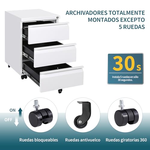 Miniatura 7 de Lvsteel Archivador Móvil Con Cerradura, Cajonera, 3 Cajones, Ruedas Silenciosas, Con 4 Llaves, Archivador Dbajo Del Escritorio Para Oficina, Completamente Ensamblado