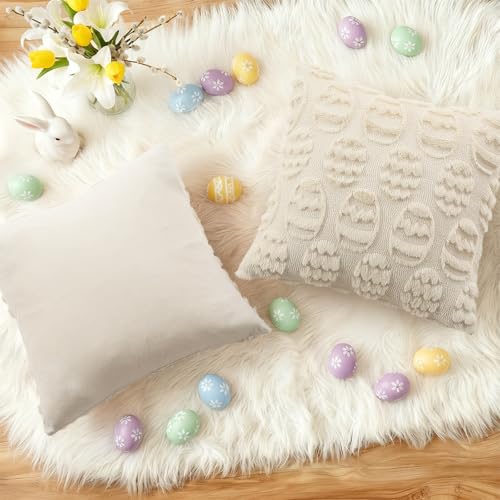 Image of decorUhome Easter Beige Egg Pillow Covers 20x20 Inch Set of 2, Soft Plush Faux Wool Jacquard Cushion Covers, Farmhouse Neutral Fuzzy Spring Easter Holiday Decor for Couch Sofa Bed
